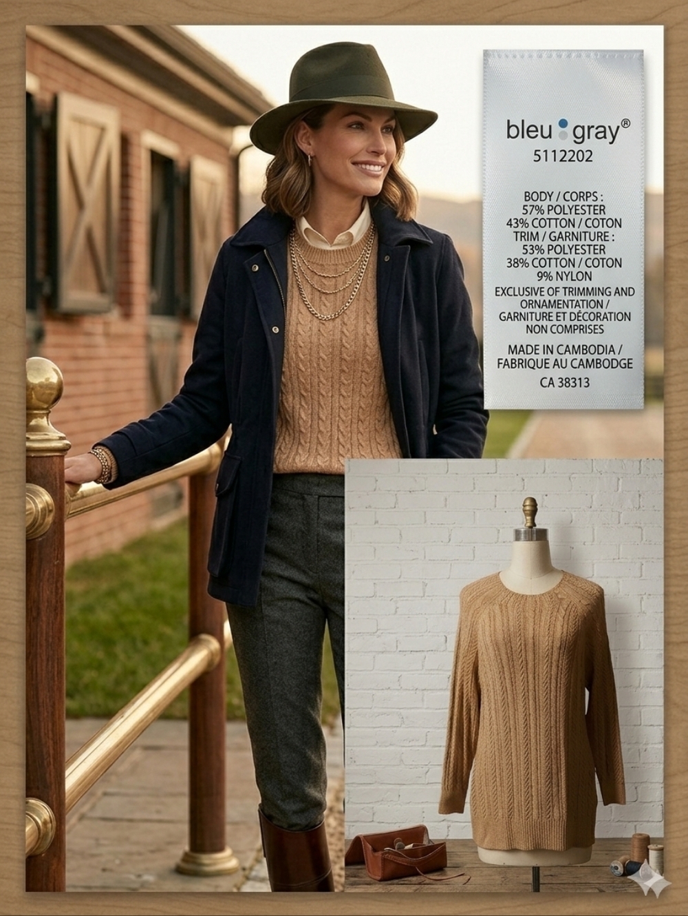 Bleu Gray Camel Cable Knit L/G Sweater, Side Slits, Equestrian Chic aesthetic.